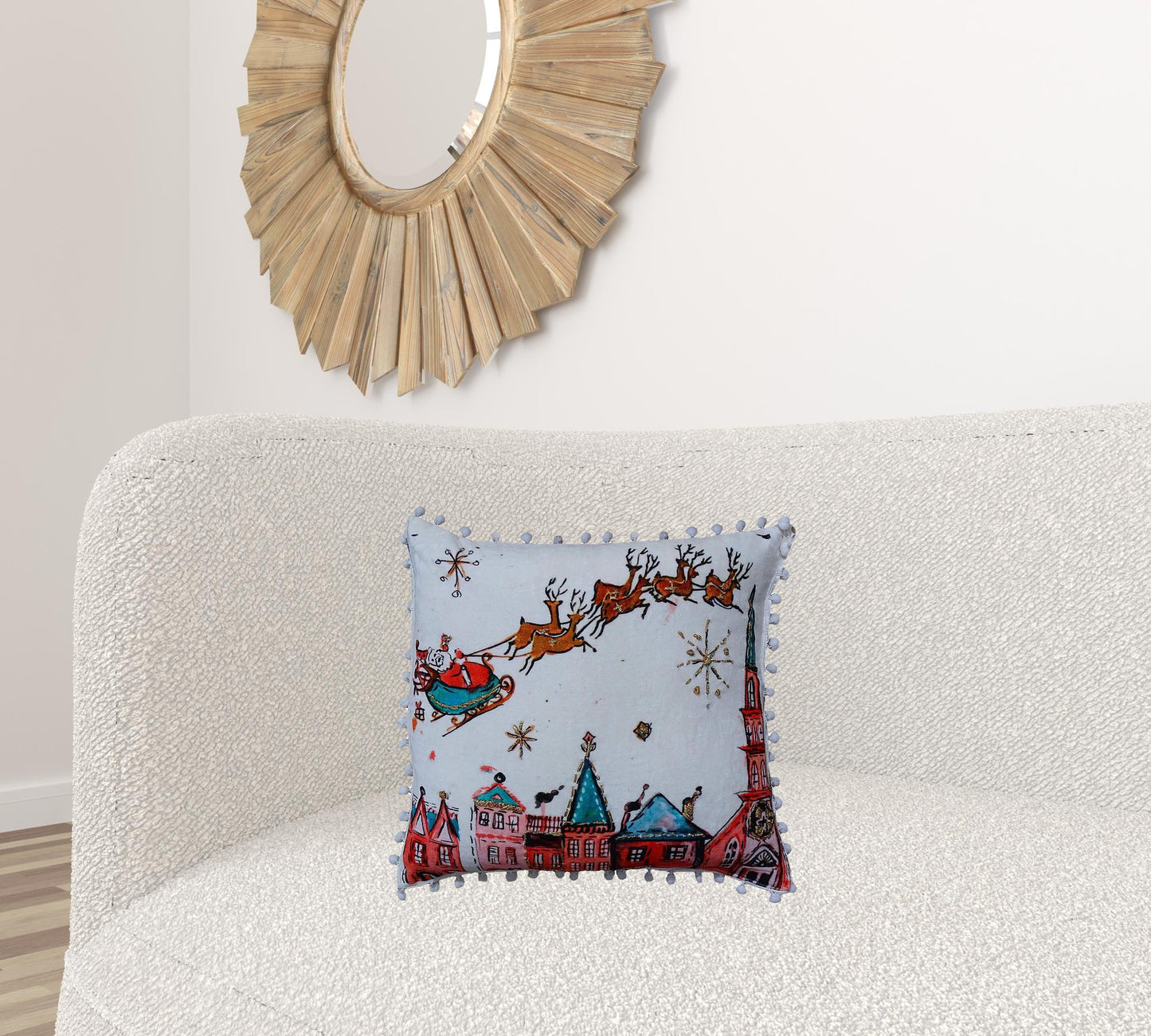 18" X 18" Red And Green Christmas Santa and Reindeer Throw Pillow With Pom Poms