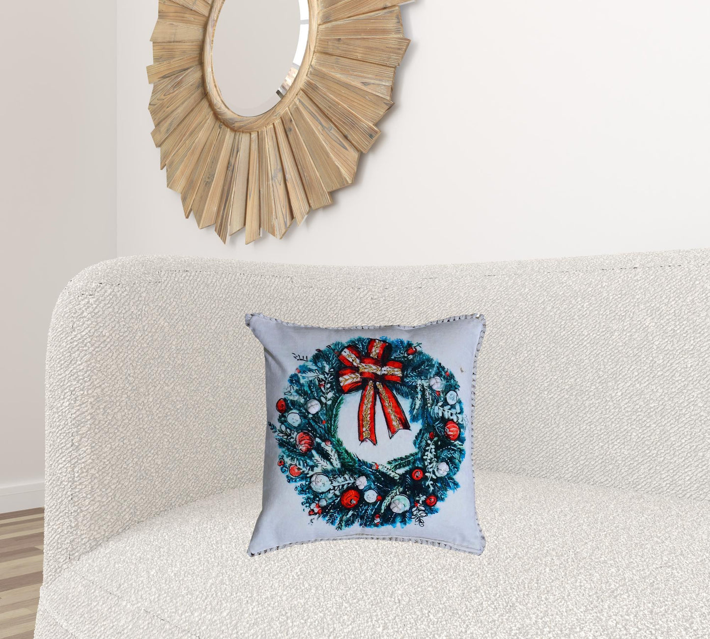 18" X 18" Red And Green Christmas Wreath Throw Pillow With Embroidery