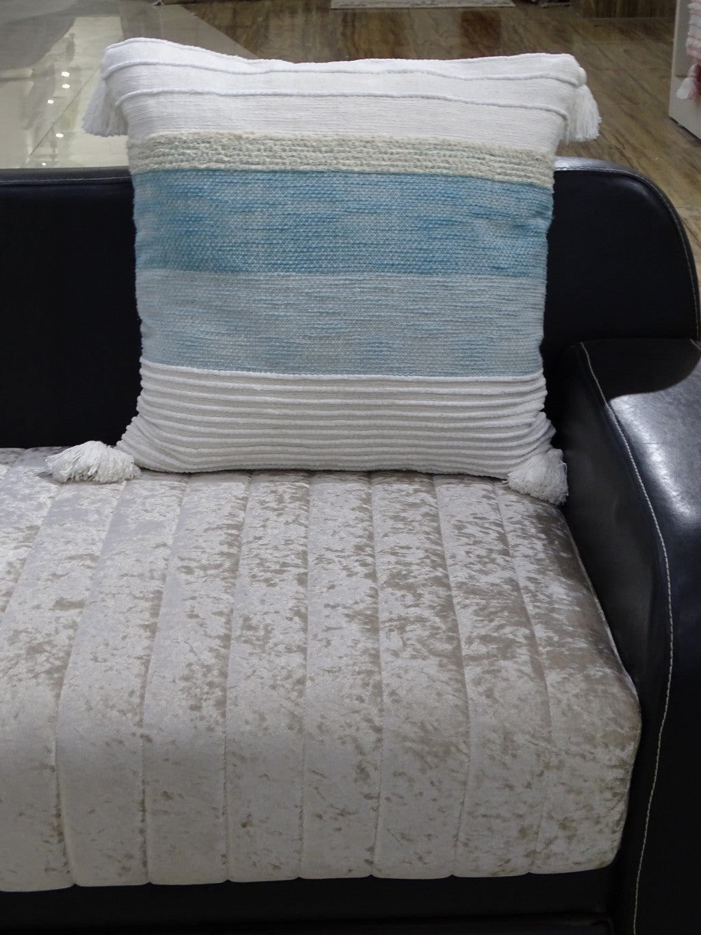 22" X 22" White And Light Blue Striped Zippered Handmade Cotton Blend Throw Pillow With Tassels