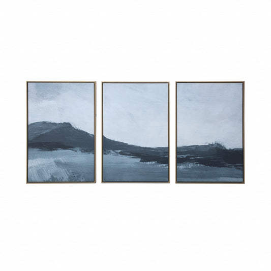 Set of Three Abstract Mountains Gold Floater Frame Painting Wall Art