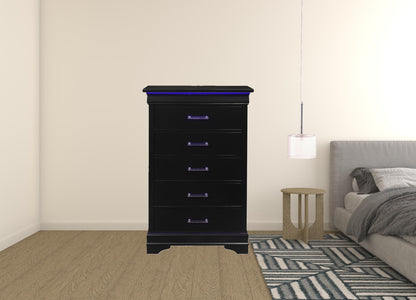 16" Black Solid Wood Five Drawer Chest with LED Lights