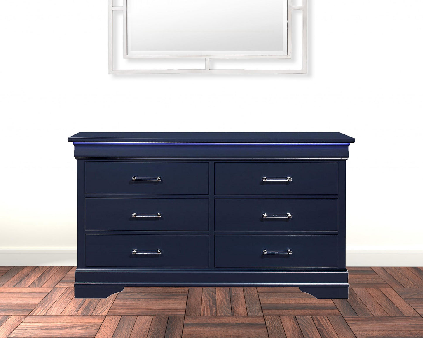 59" Blue Solid Wood Six Drawer Double Dresser with LED