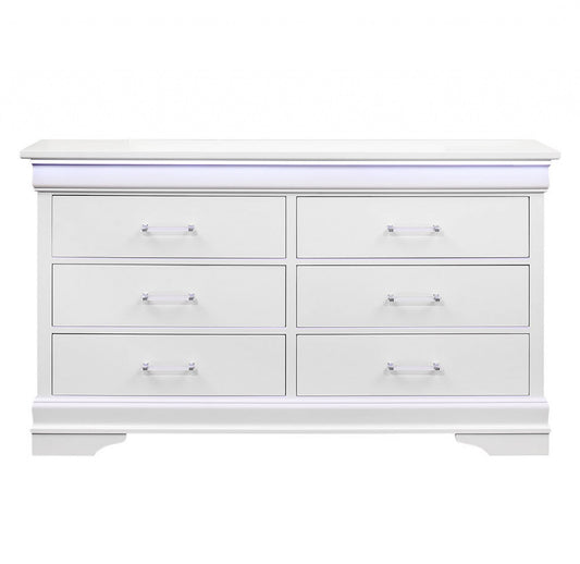 59" White Solid Wood Six Drawer Double Dresser with LED