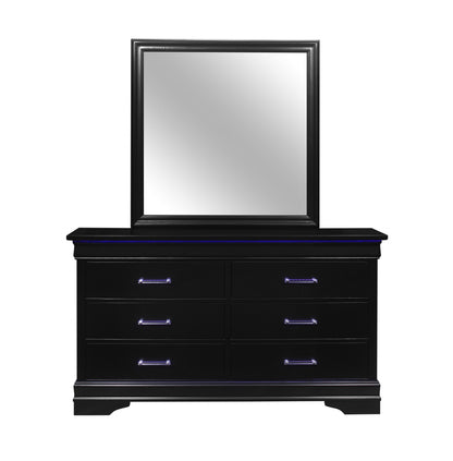 59" Black Solid Wood Six Drawer Double Dresser with LED