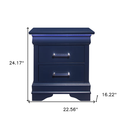 24" Blue Two Drawer Solid Wood Lighted Nightstand