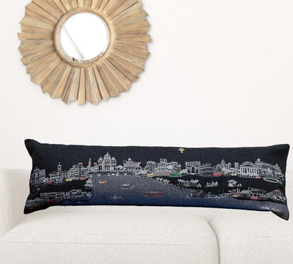 14" X 46" Black Gray and White Wool Zippered Pillow