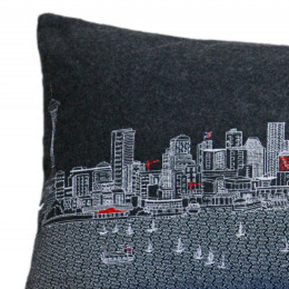 14" X 46" Black Gray and White Wool Zippered Pillow