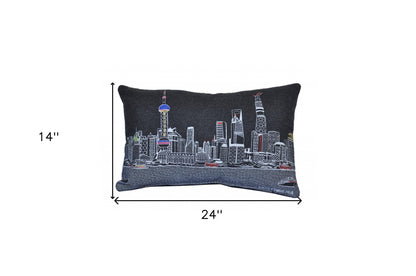 24" Black Shanghai  Nighttime Skyline Lumbar Decorative Pillow