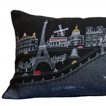 35" Black and White Paris Nighttime Skyline Standard Lumbar Decorative Pillow