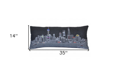 35" Black Shanghai  Nighttime Skyline Lumbar Decorative Pillow