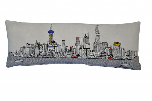 35" White Shanghai  Daylight Skyline Lumbar Decorative Pillow