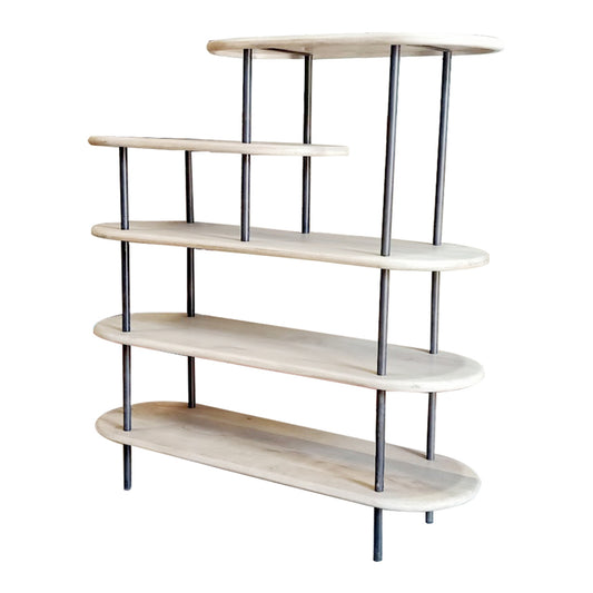 58" Whitewash Solid Wood and Gray Iron Five Tier Oval Bookcase