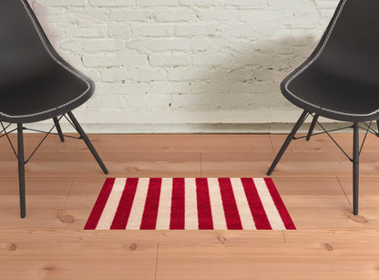 2' X 3' Red And Sand Striped Tufted Washable Non Skid Area Rug