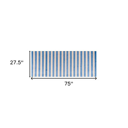 2' X 6' Ocean Blue And Sand Striped Tufted Washable Non Skid Area Rug