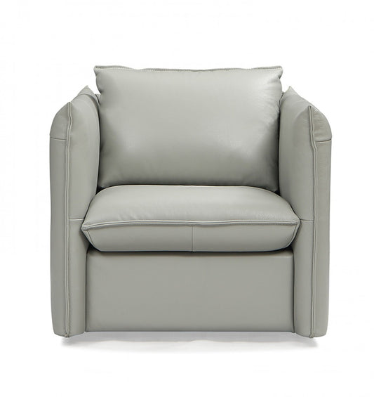 36" Grey Genuine Leather And Silver Swivel Accent Chair