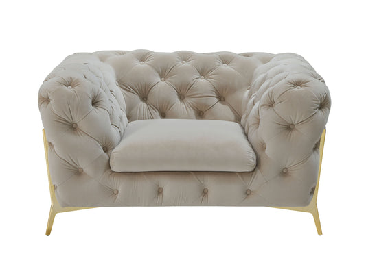 50" Beige Tufted Velvet And Gold Solid Color Lounge Chair