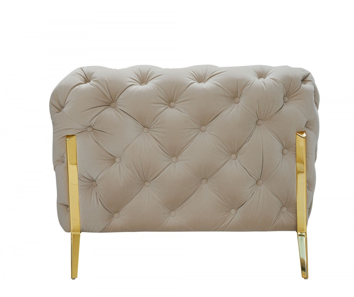 50" Beige Tufted Velvet And Gold Solid Color Lounge Chair