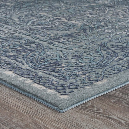 10' X 13' Blue Silver Gray And Cream Damask Distressed Stain Resistant Area Rug