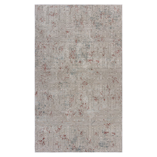 10' X 13' Gray Ivory Slate Blue And Wine Red Geometric Stain Resistant Area Rug