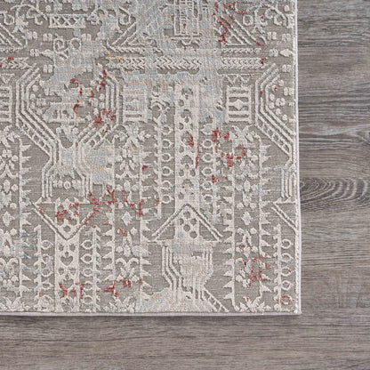 10' X 13' Gray Ivory Slate Blue And Wine Red Geometric Stain Resistant Area Rug