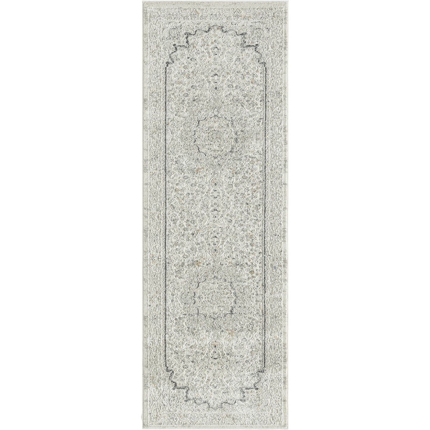 2' X 6' Ivory and Gray Floral Medallion Power Loom Stain Resistant Area Rug