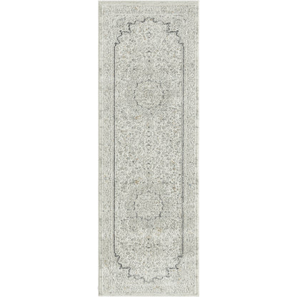 2' X 6' Ivory and Gray Floral Medallion Power Loom Stain Resistant Area Rug