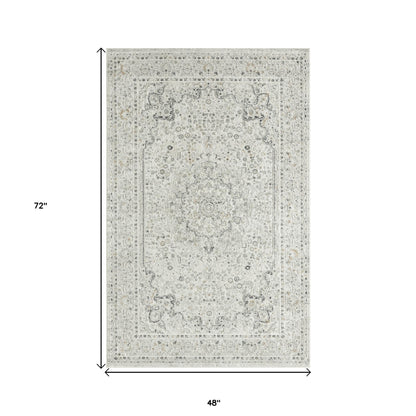 4' X 6' Ivory and Gray Floral Medallion Stain Resistant Area Rug