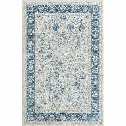 9' X 12' Blue Gray And Ivory Floral Power Loom Stain Resistant Area Rug