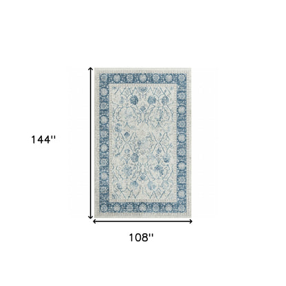 9' X 12' Blue Gray And Ivory Floral Power Loom Stain Resistant Area Rug