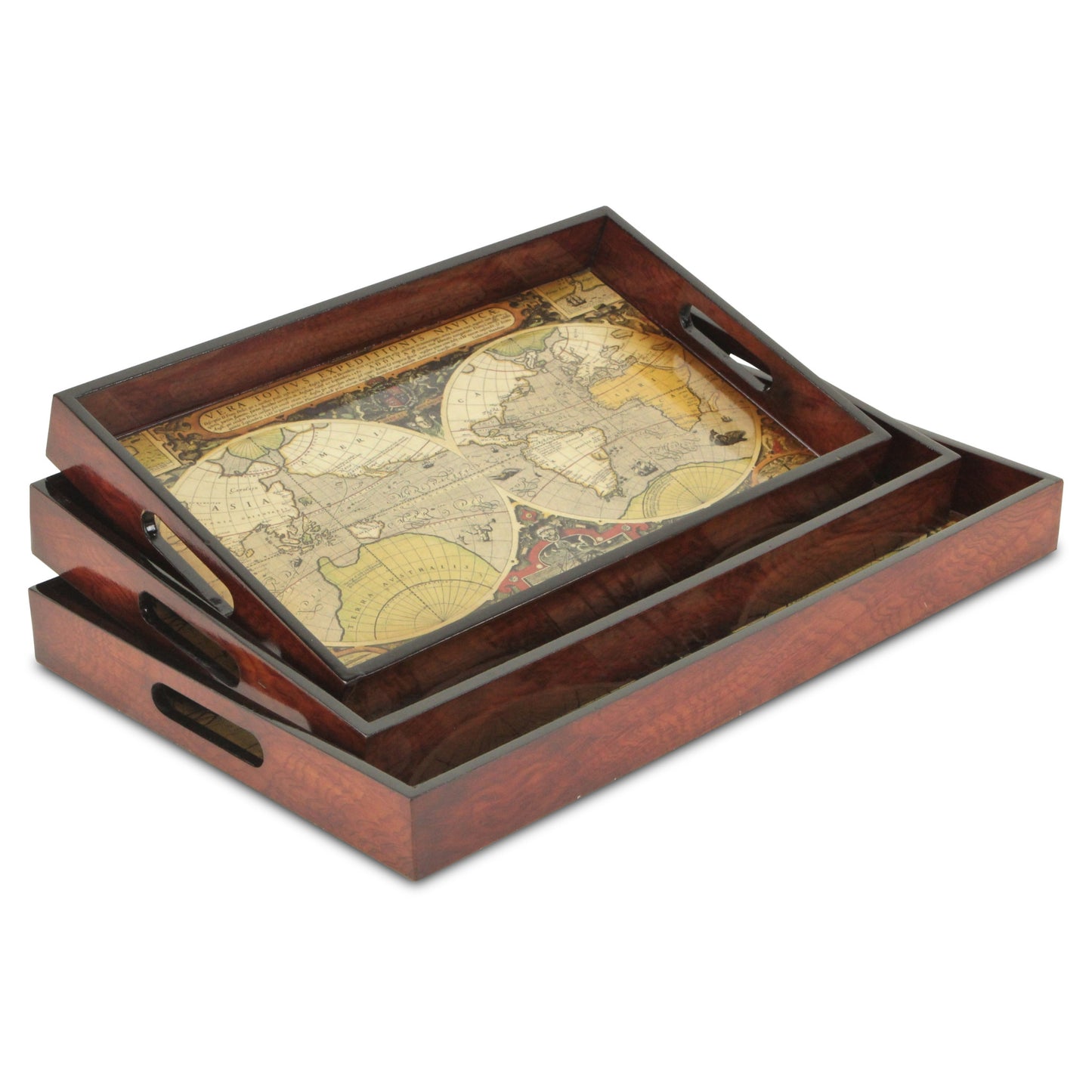 Set of Three Vintage World Map and Wood Veneer Serving Trays