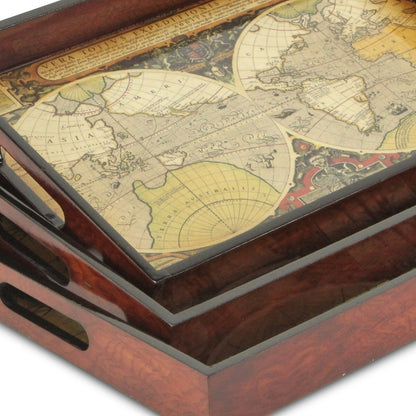 Set of Three Vintage World Map and Wood Veneer Serving Trays