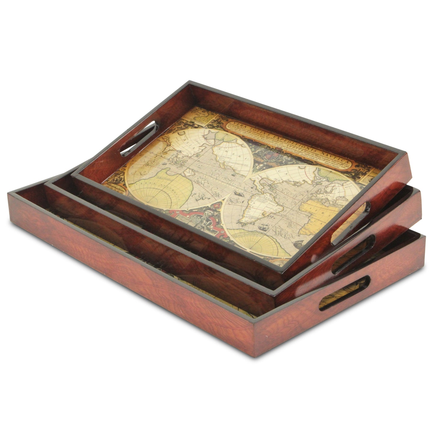 Set of Three Vintage World Map and Wood Veneer Serving Trays