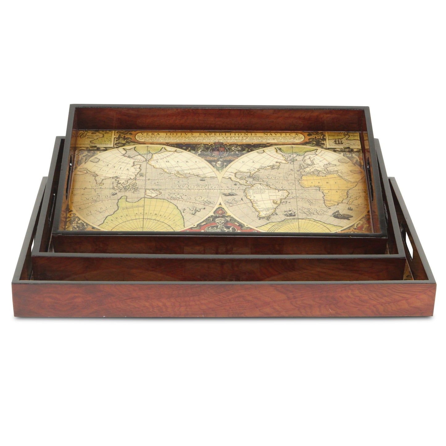 Set of Three Vintage World Map and Wood Veneer Serving Trays