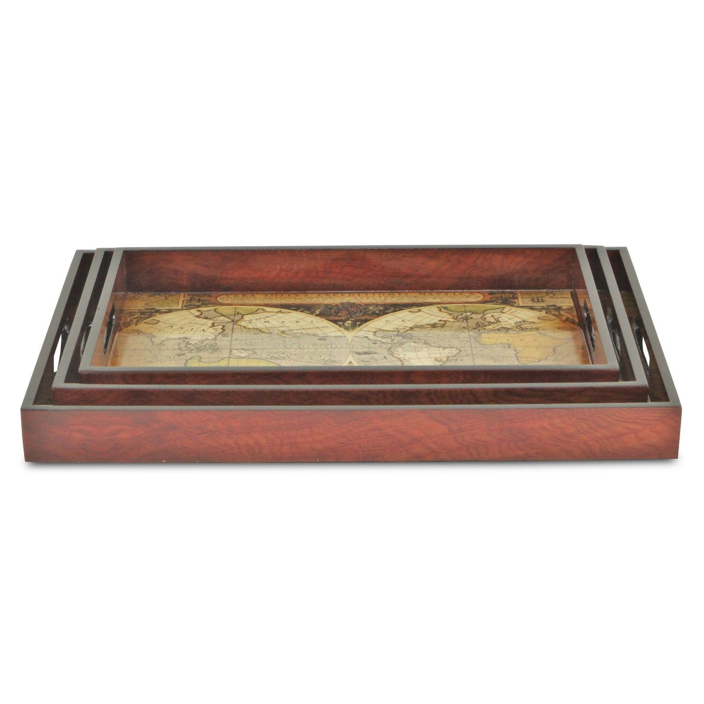 Set of Three Vintage World Map and Wood Veneer Serving Trays