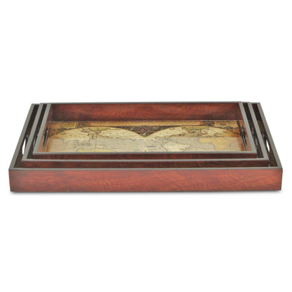 Set of Three Vintage World Map and Wood Veneer Serving Trays