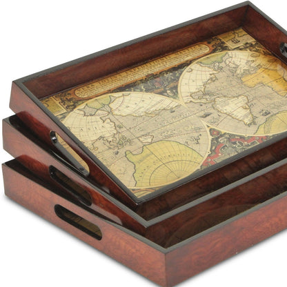 Set of Three Vintage World Map and Wood Veneer Serving Trays