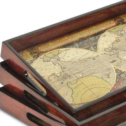 Set of Three Vintage World Map and Wood Veneer Serving Trays