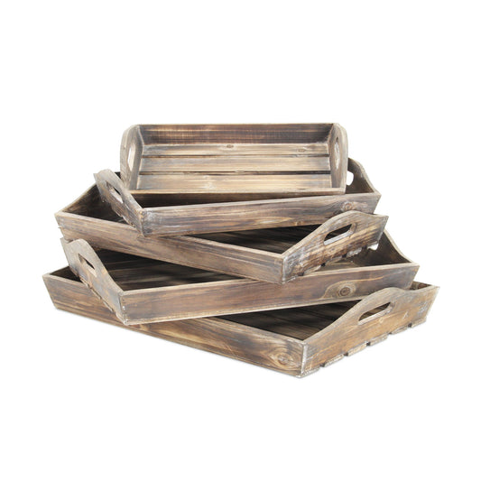 Set Of 5 Rustic Natural Brown Wood Handmade Trays With Handles