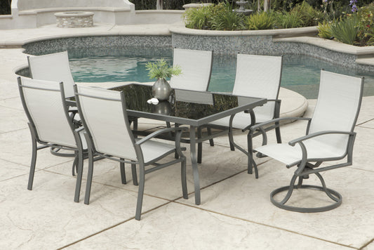 Seven Piece Black and Gray Rectangular Glass Dining Set with Six Chairs