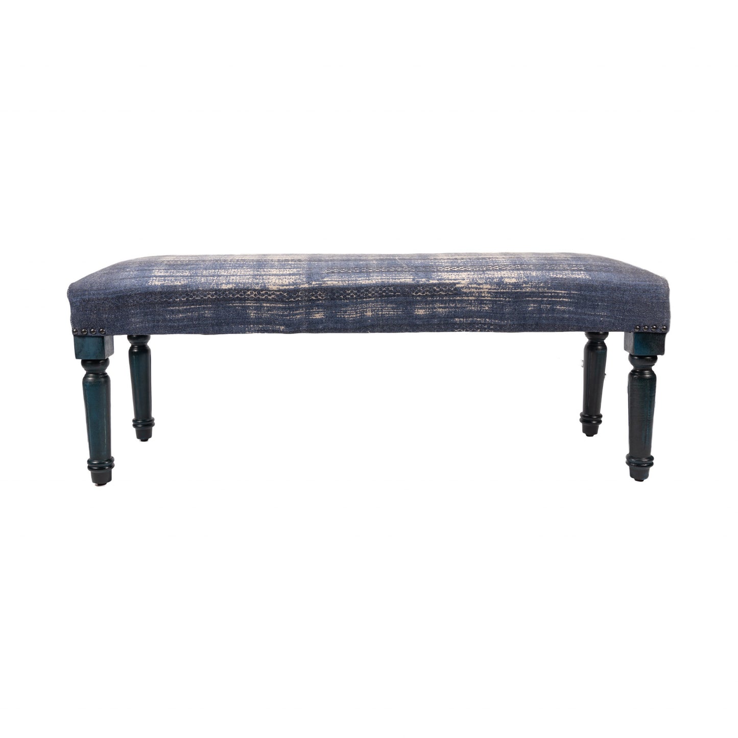 47" Blue And Cream Abstract Design Blue Leg Upholstered Bench