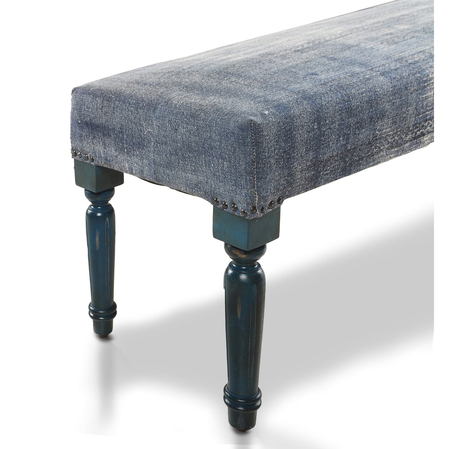 47" Blue And Cream Abstract Design Blue Leg Upholstered Bench