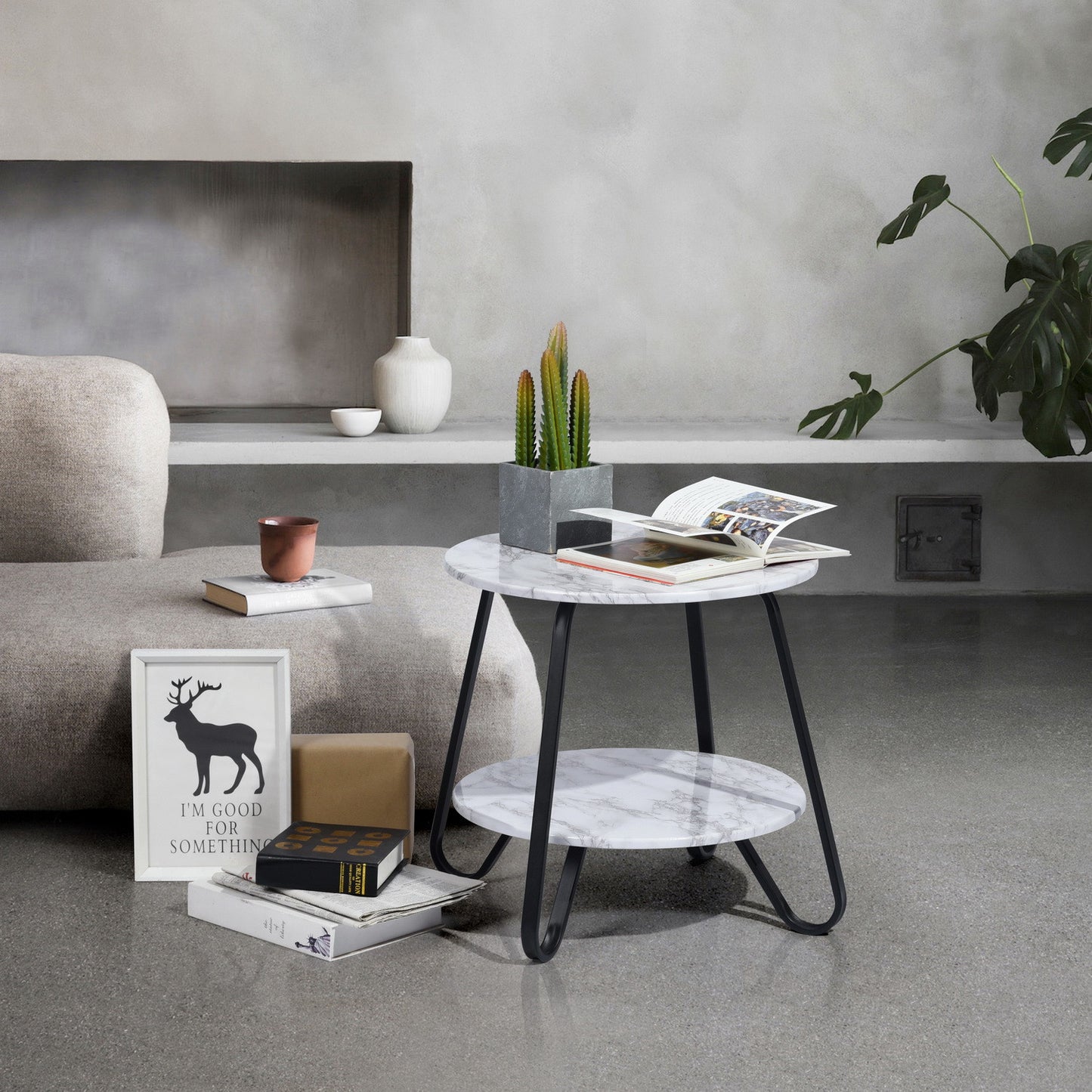 18" Black And Marble White Manufactured Wood And Steel Round End Table