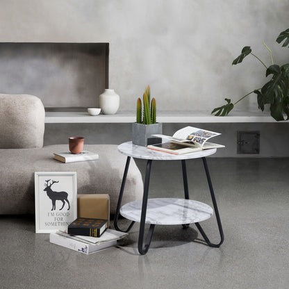 18" Black And Marble White Manufactured Wood And Steel Round End Table