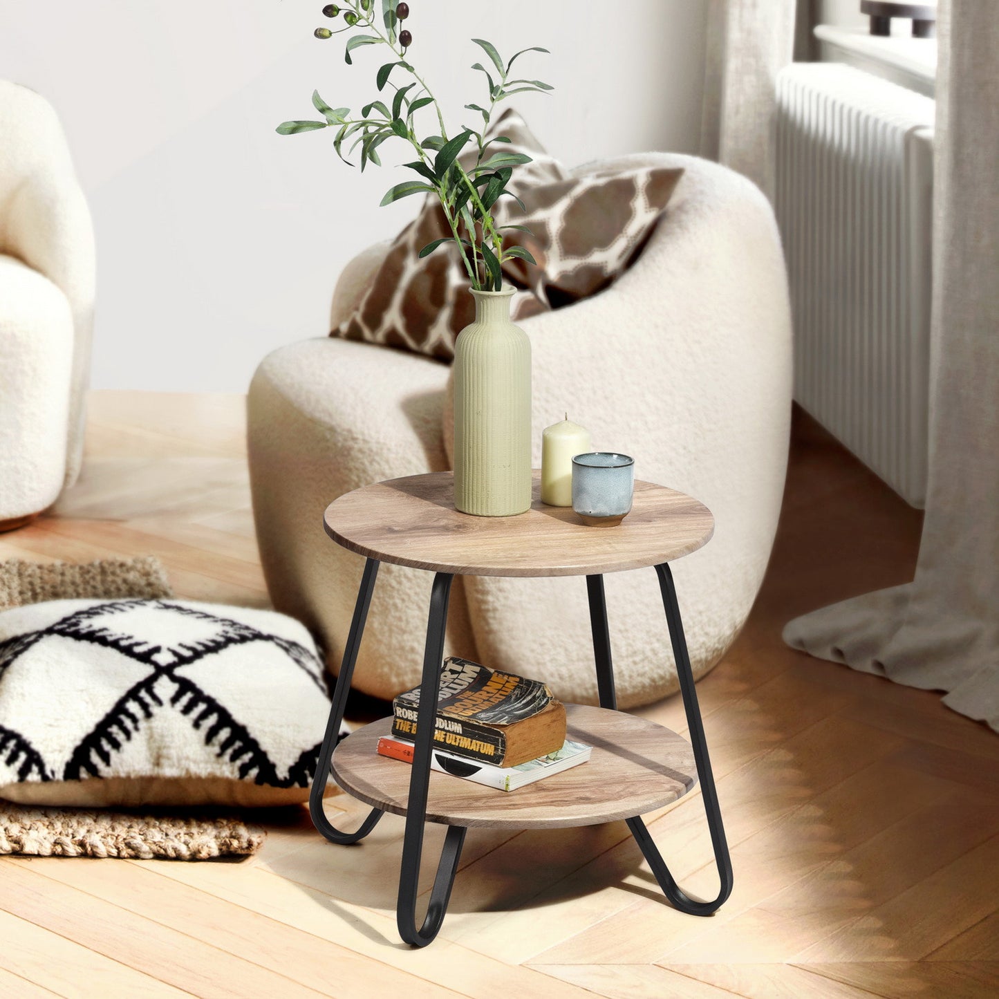 18" Black And Oak Manufactured Wood And Steel Round End Table