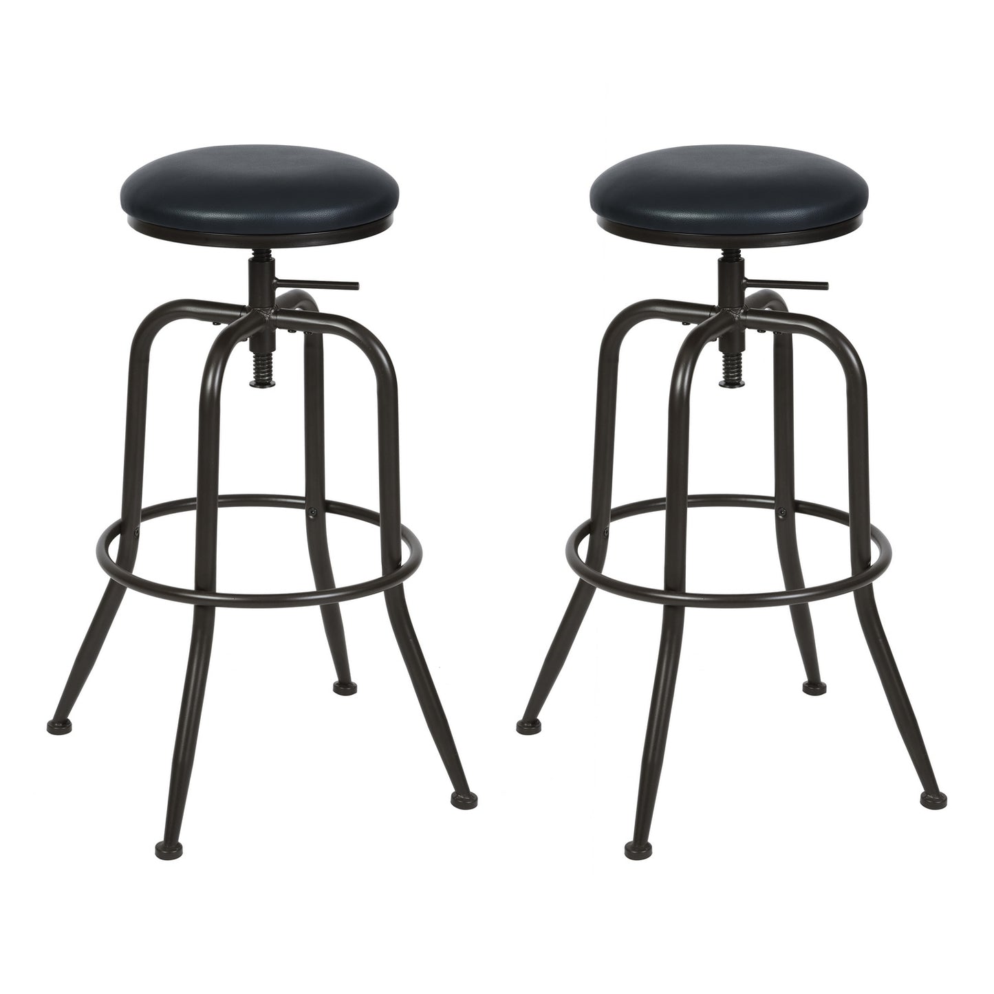 Set Of Two 30" Brown And Black Steel Swivel Backless Bar Chairs With Footrest