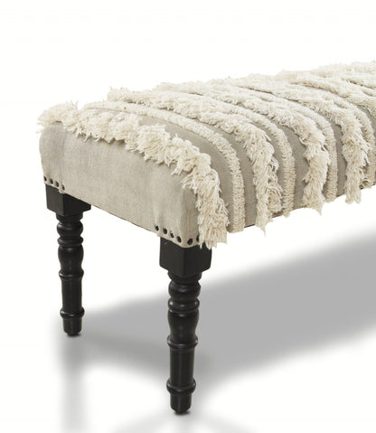 47" Cream Textural Boho Stripe Black Leg Upholstered Bench