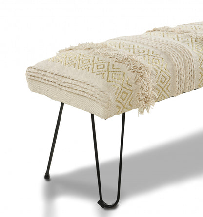47" Ivory And Gold Geometric Black Leg Upholstered Bench
