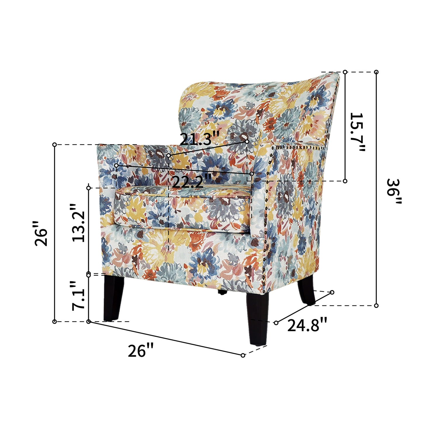 29" Blue Yellow And Brown Polyester Blend Floral Arm Chair