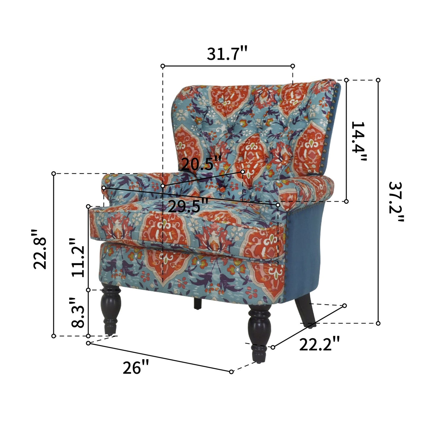 33" Teal Blue And Orange Brown Damask Wingback Chair