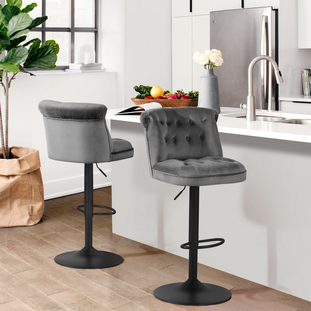 Set of Two 26" Gray and Black Steel Swivel Low Back Adjustable Height Bar Chairs with Footrest